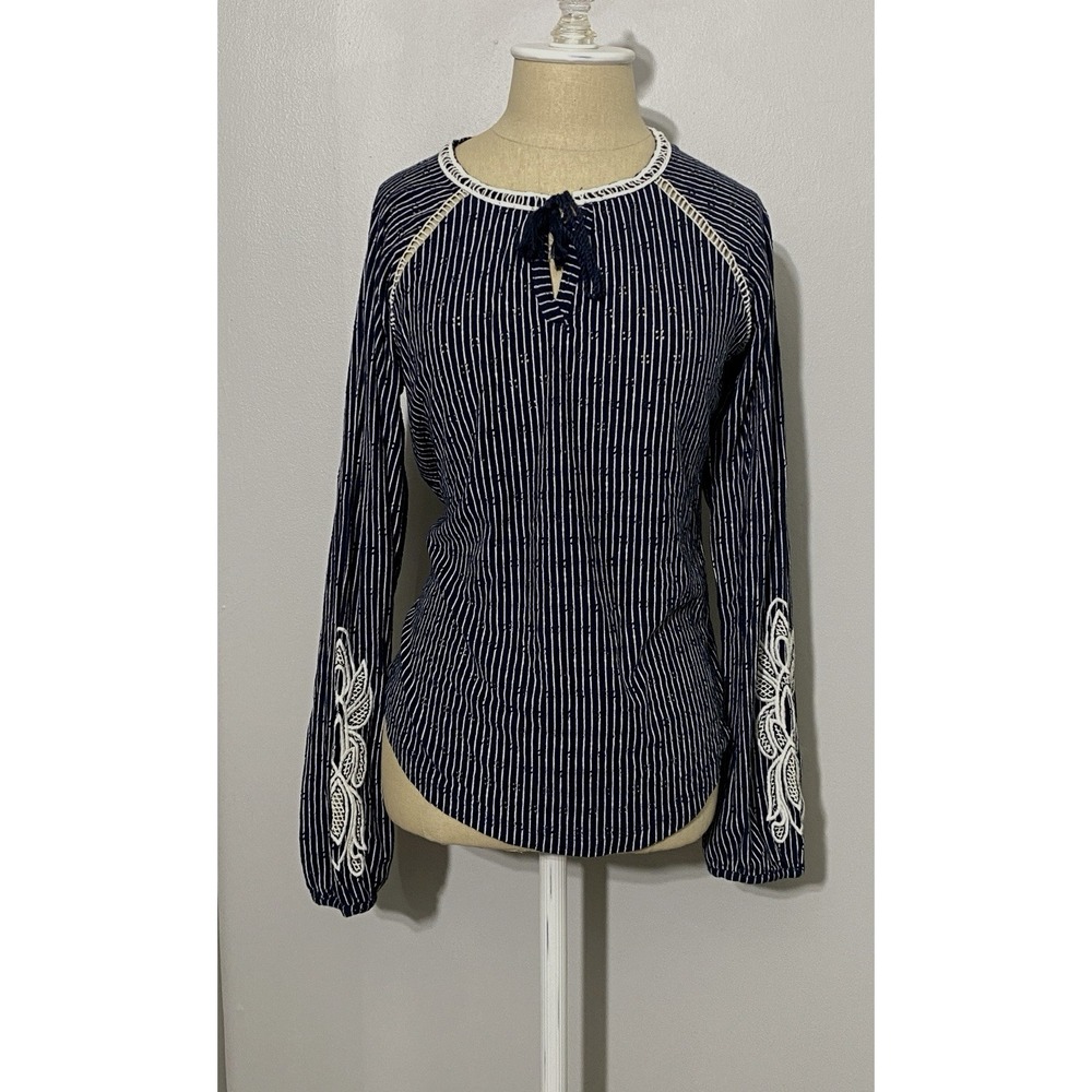 Womens Top Navy Blue Striped Boho Peasant Embroidered Long Sleeve Size Small